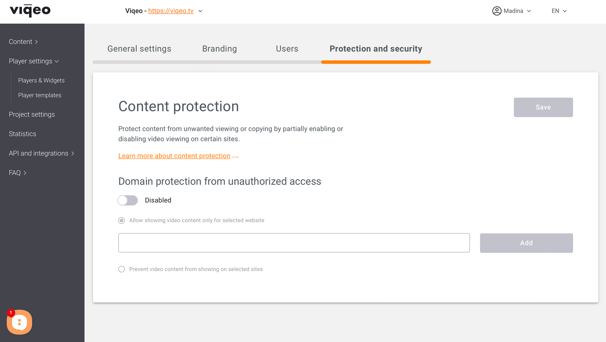 Viqeo content protection domain protection